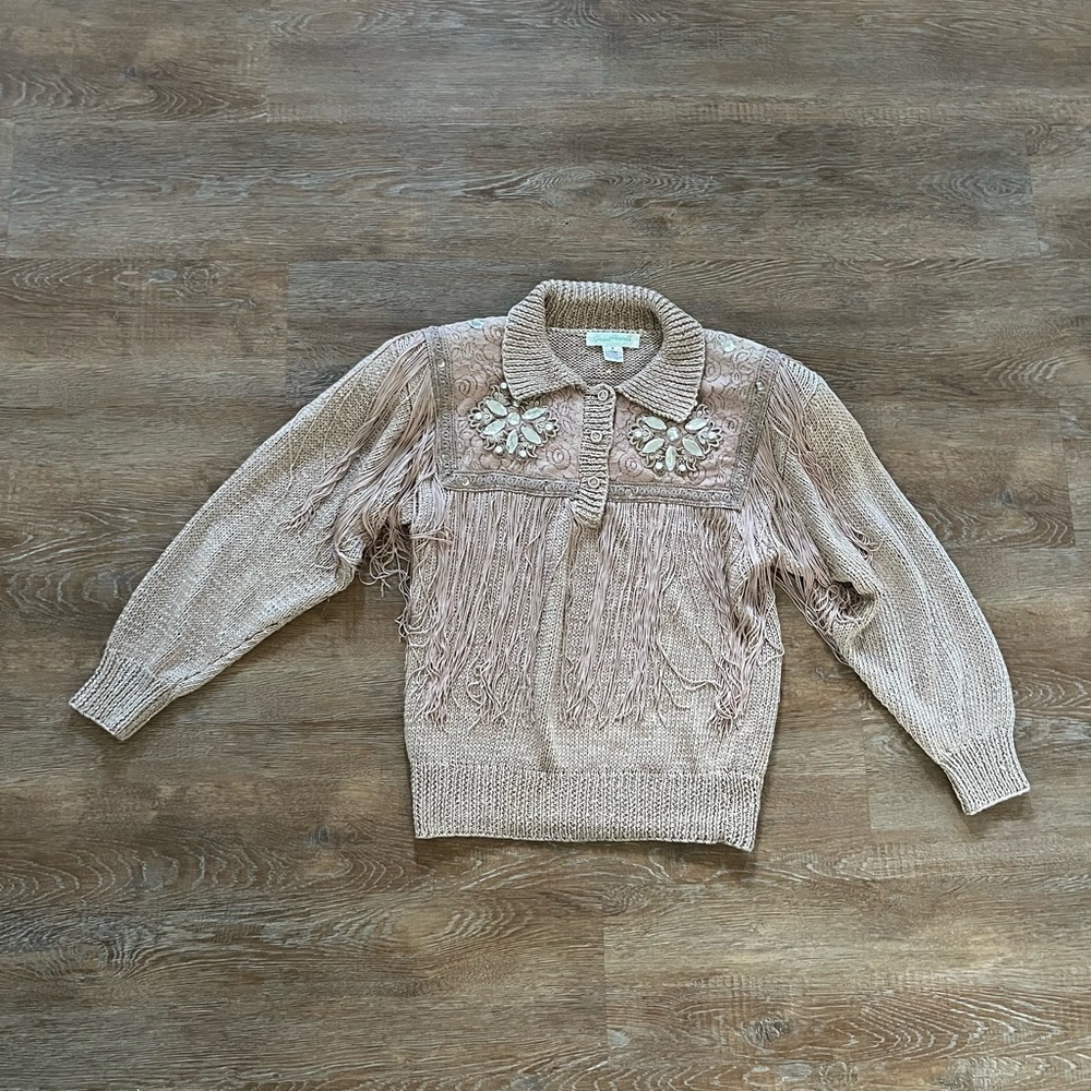 Vintage Boho Fringe Sweater Western Embellished | Knit Beige Statement | Small